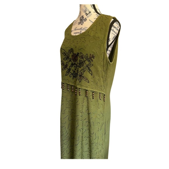 90s Del Sol Olive Green Boho Maxi Dress with Beaded Fringe – M - Picture 3 of 7